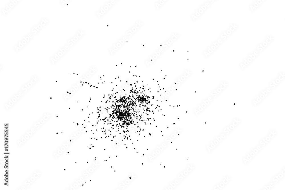Abstract grainy texture isolated on white background. Top view. Dust, sand blow or bread crumbs.Silhouette of food flakes such as salt or almond or wheat flour spread on the flat surface or table. Abstract grainy texture isolated on white background. Top view. Dust, sand blow or bread crumbs.Silhouette of food flakes such as salt or almond or wheat flour spread on the flat surface or table.