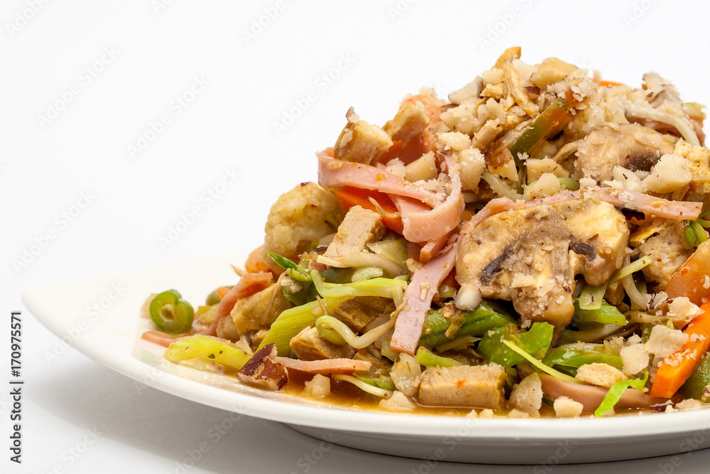 Sauteed vegetables with chicken, pork, jam and shrimps preparation: Ready served wok-Sauteed vegetables and meats Sauteed vegetables with chicken, pork, jam and shrimps preparation: Ready served wok-Sauteed vegetables and meats