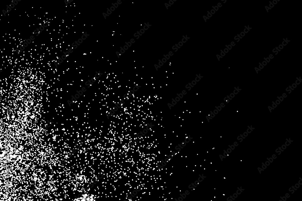 White glitter texture isolated on black. White particles color. Holiday Celebration background, sparkles explosion of confetti for cards design. Vector.