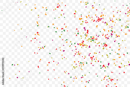 Transparent background with many falling tiny round random confetti, glitter and serpentine pieces blow and sprayed on transparent background. Isolated.