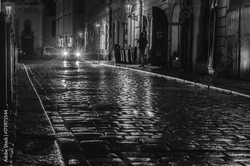 Photography Prague, Czech Republic. Night streets. Black and white photo