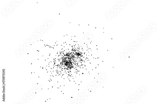 Abstract grainy texture isolated on white background. Top view. Dust, sand blow or bread crumbs.Silhouette of food flakes such as salt or almond or wheat flour spread on the flat surface or table.