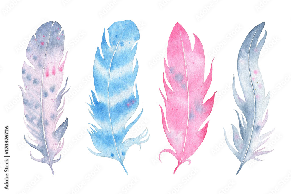Watercolor hand drawn boho feather set isolated on white background Watercolor hand drawn boho feather set isolated on white background