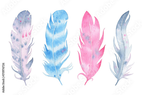 Watercolor hand drawn boho feather set isolated on white background © madiwaso