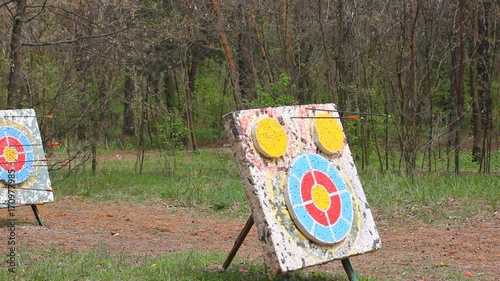 an entertaining playground for children and adults for archery. In the middle of the trees there are targets for arrows. Arrows stick to the target. photo