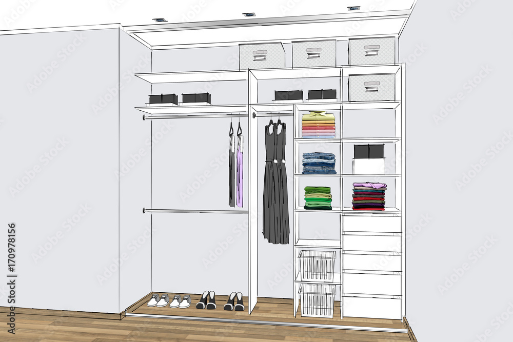 3D rendering. Modern wardrobe with folded and hanging clothes. Simple,  line, graphic, illustrator. Home Interior Design Software Programs.Project  management. Illustration Stock | Adobe Stock