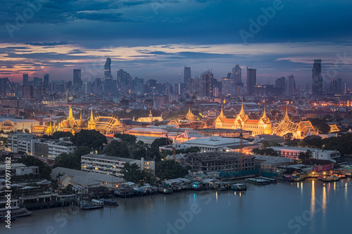 Temple of emerald buddha and grand palace at dawn in Bangkok, Thailand