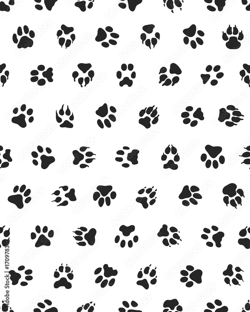Seamless pattern with  print of dogs paws on a white background