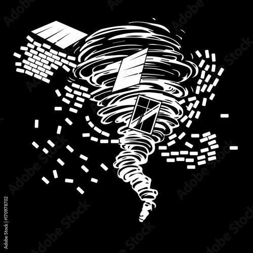 Black and white drawing of a destructive tornado that draws the ruined brick house