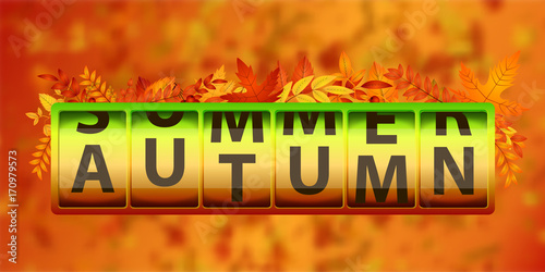 Vector realistic isolated slot counter of autumn with red, yellow and orange maple leaves for decoration and covering on the blur background. Concept of season change and fall.