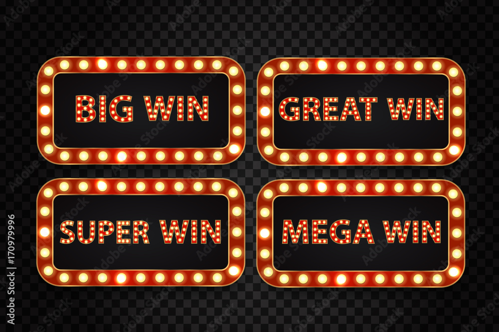 Vector set of realistic isolated retro neon billboard for big wins with glowing lamps on the transparent background. Concept of slot win, casino and award ceremony. Vector set of realistic isolated retro neon billboard for big wins with glowing lamps on the transparent background. Concept of slot win, casino and award ceremony.
