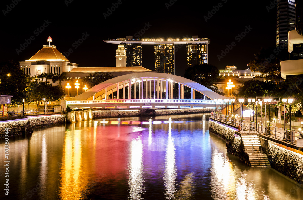 rainbow bridge in Singapore, view of the river in Singapore by night.