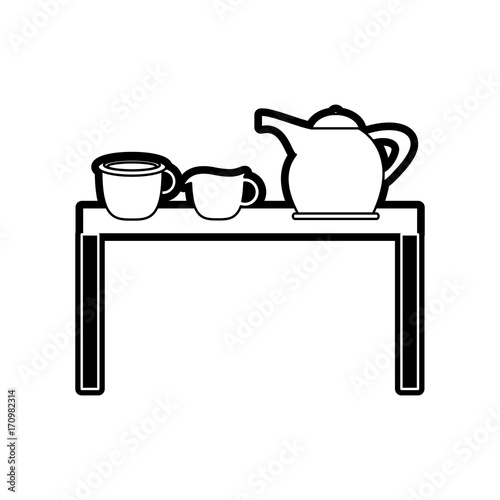 flat   line uncolored kitchen table  and crockery  over white background vector illustration