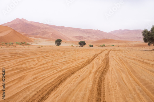 Namibia, Hardap, Sossusvlei, Reifenspuren in der Sossusvlei Wüste, 4x4 only, letzte fünf Kilometer vor Dead Vlei