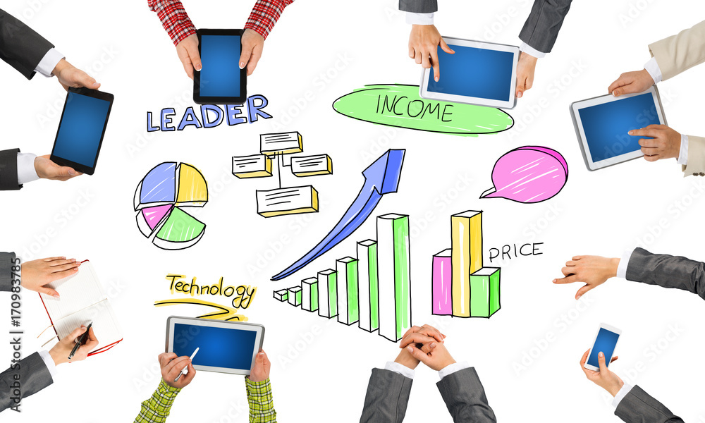 Top view of businesspeople sitting at table and using gadgets Top view of businesspeople sitting at table and using gadgets