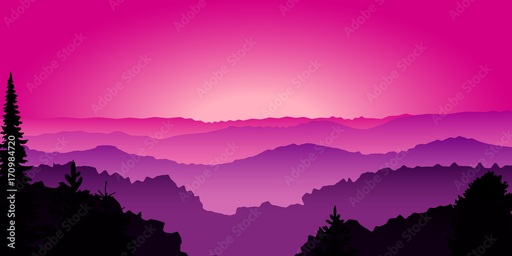 Wide Pink Sunrise Aurora Mountain Background - Vector Illustration