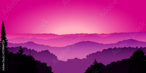 Wide Pink Sunrise Aurora Mountain Background - Vector Illustration © kseniyaomega