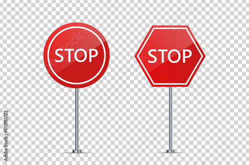 Vector set of realistic isolated street road stop signs for decoration and covering on the transparent background. Concept of road caution, traffic and logistics.