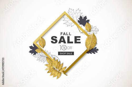 Autumn sale horizontal banner with isolated golden square frame and 3d style ...
