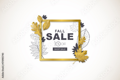 Autumn sale horizontal banner with isolated golden square frame and 3d style ...