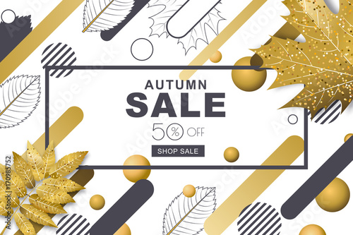 Autumn sale horizontal banners with 3d style gold and outline fall leaves and...