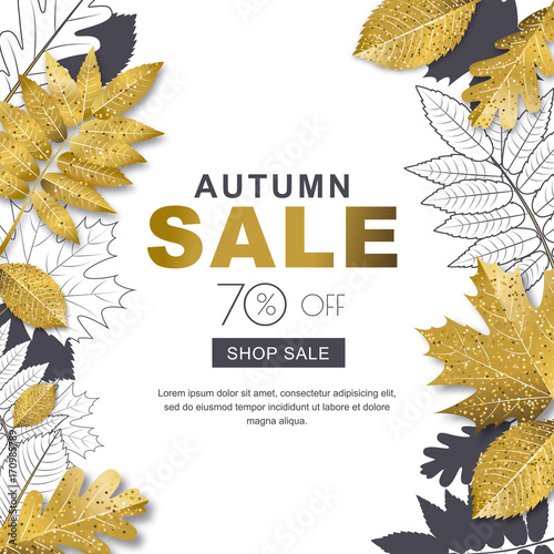 Autumn sale banner with 3d style gold and outline autumn leaves. Vector fall poster golden background. Layout for discount labels, flyers and shopping. photo