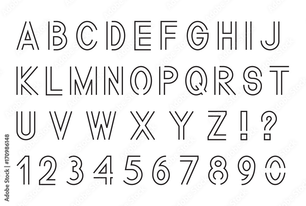 Line font, Latin alphabet letters with set of numbers 1, 2, 3, 4, 5, 6, 7, 8, 9, 0, outlined, black isolated on white background, vector illustration.