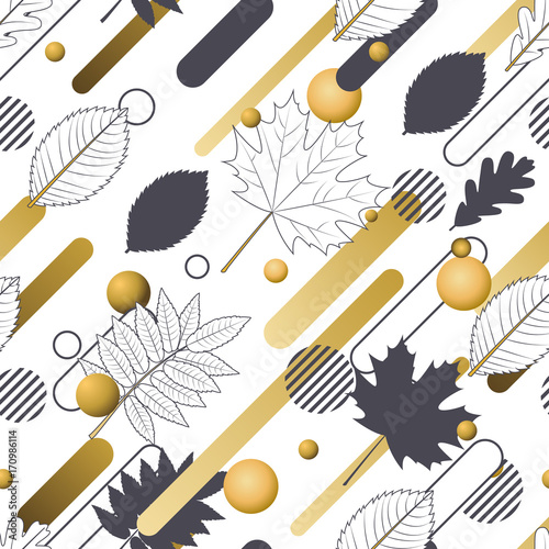 Autumn vector seamless pattern with hand drawn outline fall leaves and motion...