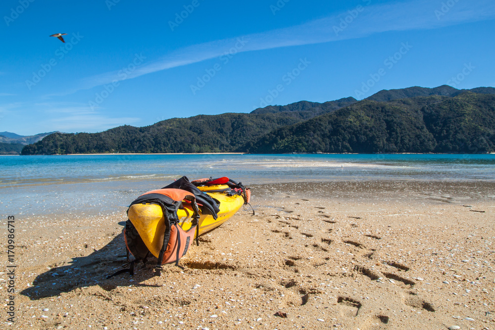 Beach with Kayak Abel Tasman Nationalpark New Zealand Beach with Kayak Abel Tasman Nationalpark New Zealand