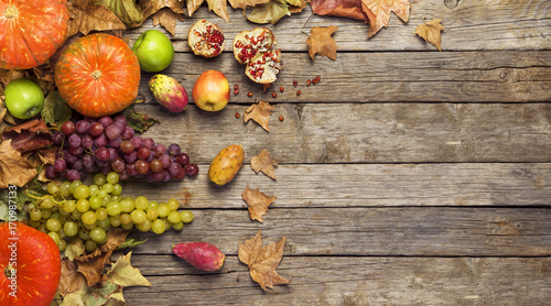Thanksgiving Day, Autumn fruit, banner, leaves on wooden floor
