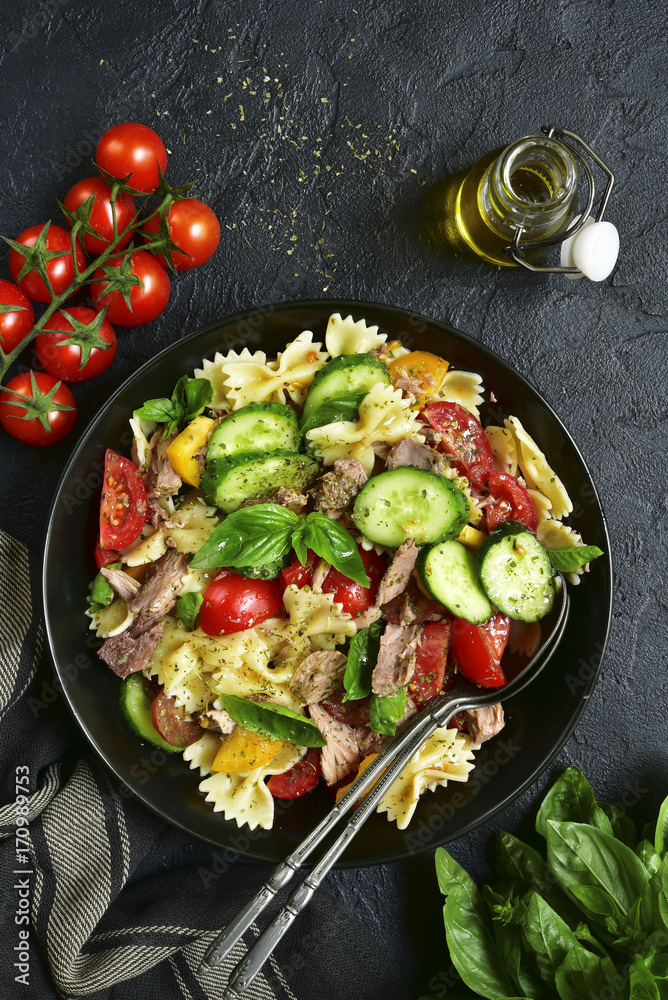 Tuna salad with pasta and vegetables.Top view.