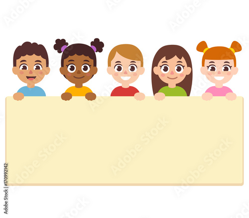 Cartoon children holding banner