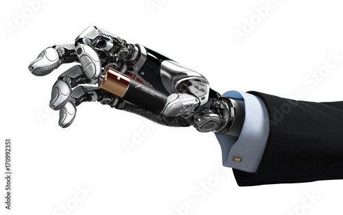 Robotic artifiicial arm holding battery with mechanical fingers
