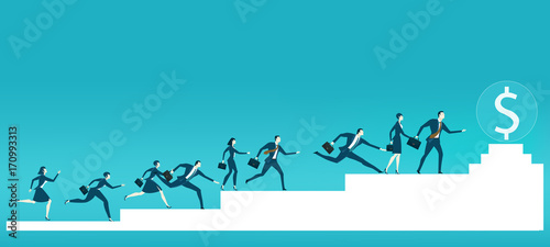 Lots of young business people running towards the dollar sign  competition for the best professional position. Business concept illustration.