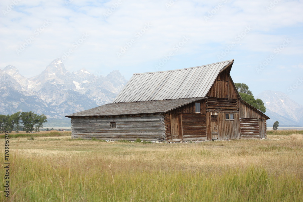 Rustic cabin in grasses against Grand Tetons