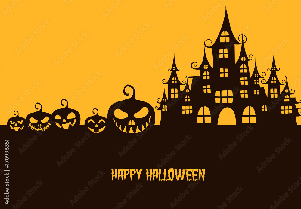 greeting card Halloween with pumpkin and Haunted House..Vector illustration.