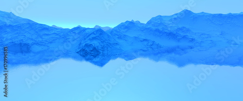 3D Rendering Wide Blue Evening Mountain Top Fjord Great Landscape View