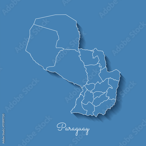 Paraguay region map: blue with white outline and shadow on blue background. Detailed map of Paraguay regions. Vector illustration.