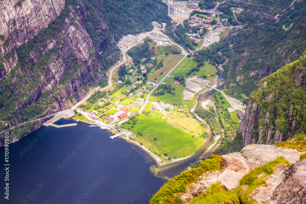 Aerial View of Lysefjord and Lysebotn from the mountain Kjerag, in Forsand municipality.