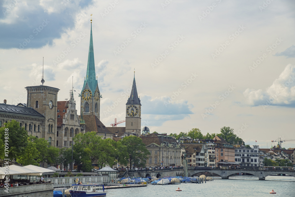 Afternoon cityscape of Women's Minster and St. Peter Church, Zurich