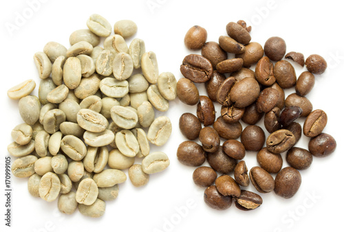 coffee beans, green and roasted