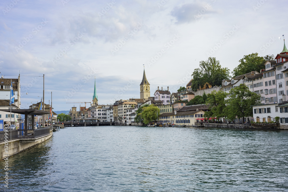 Afternoon cityscape of Women's Minster and St. Peter Church, Zurich