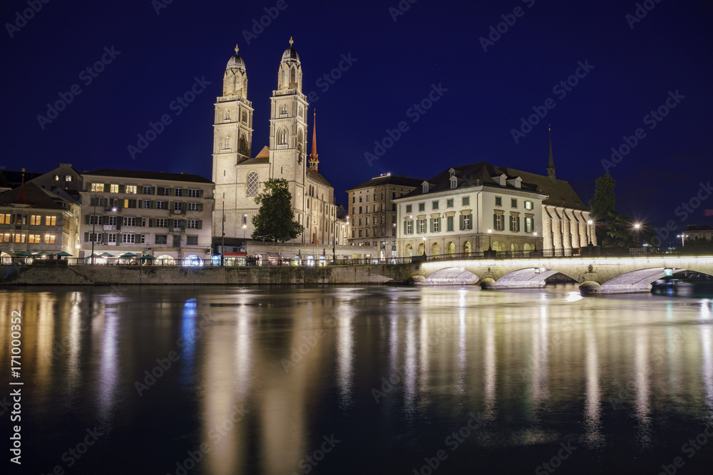 Night cityscape of Great Minster, Zurich