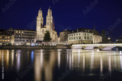 Night cityscape of Great Minster  Zurich