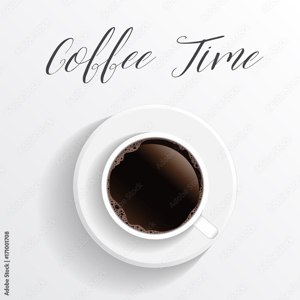 Realistic top view black coffee cup and saucer isolated on white background. illustration Realistic top view black coffee cup and saucer isolated on white background. illustration