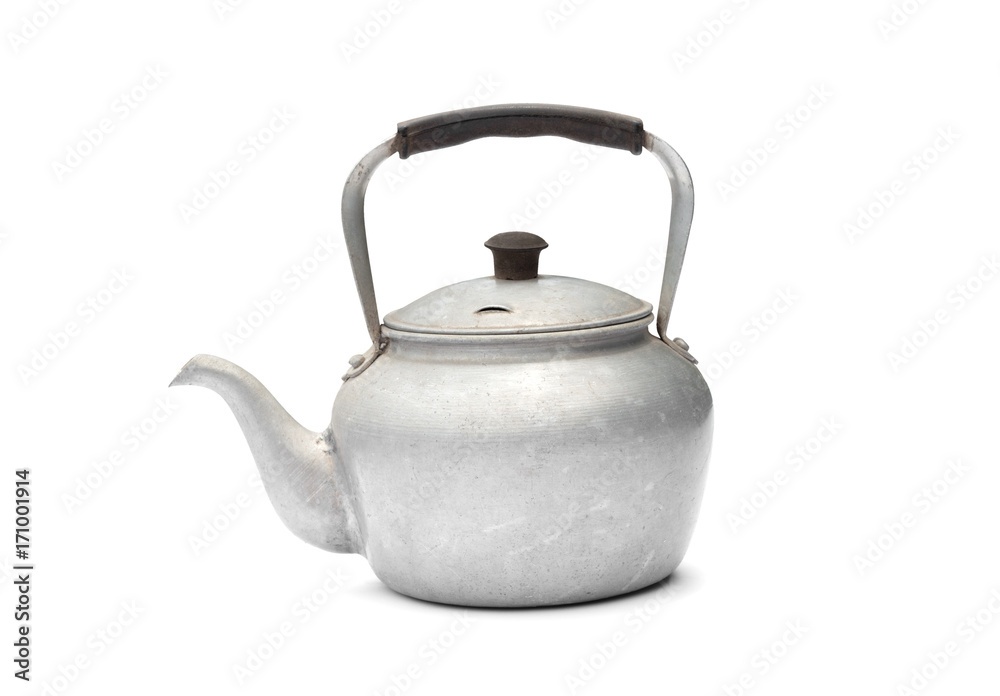 Old rustic aluminum kettle isolated on white background Old rustic aluminum kettle isolated on white background