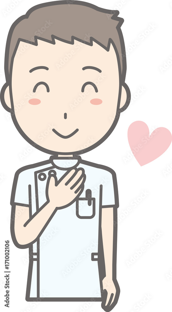 Illustration that a male nurse wearing a white coat laughs with a hand on her chest Illustration that a male nurse wearing a white coat laughs with a hand on her chest