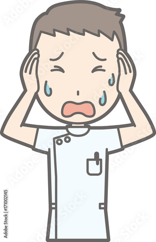 An illustration that a male nurse wearing a white coat is impatient with his head