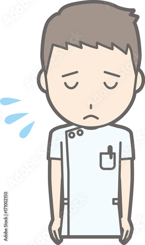 Illustration that male nurse wearing a white coat apologizes for bowing