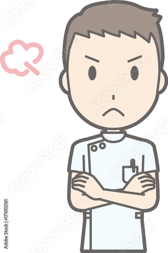 Illustration that a male nurse wearing a white suit wears his arms and is angry